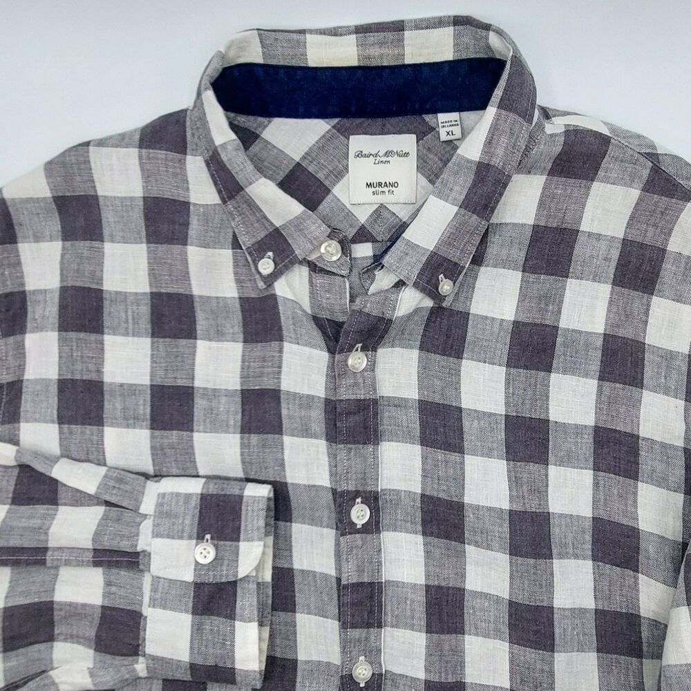 Baird McNutt Gingham Linen Shirt Men's XL Murano Slim Fit Long Sleeve Gray White